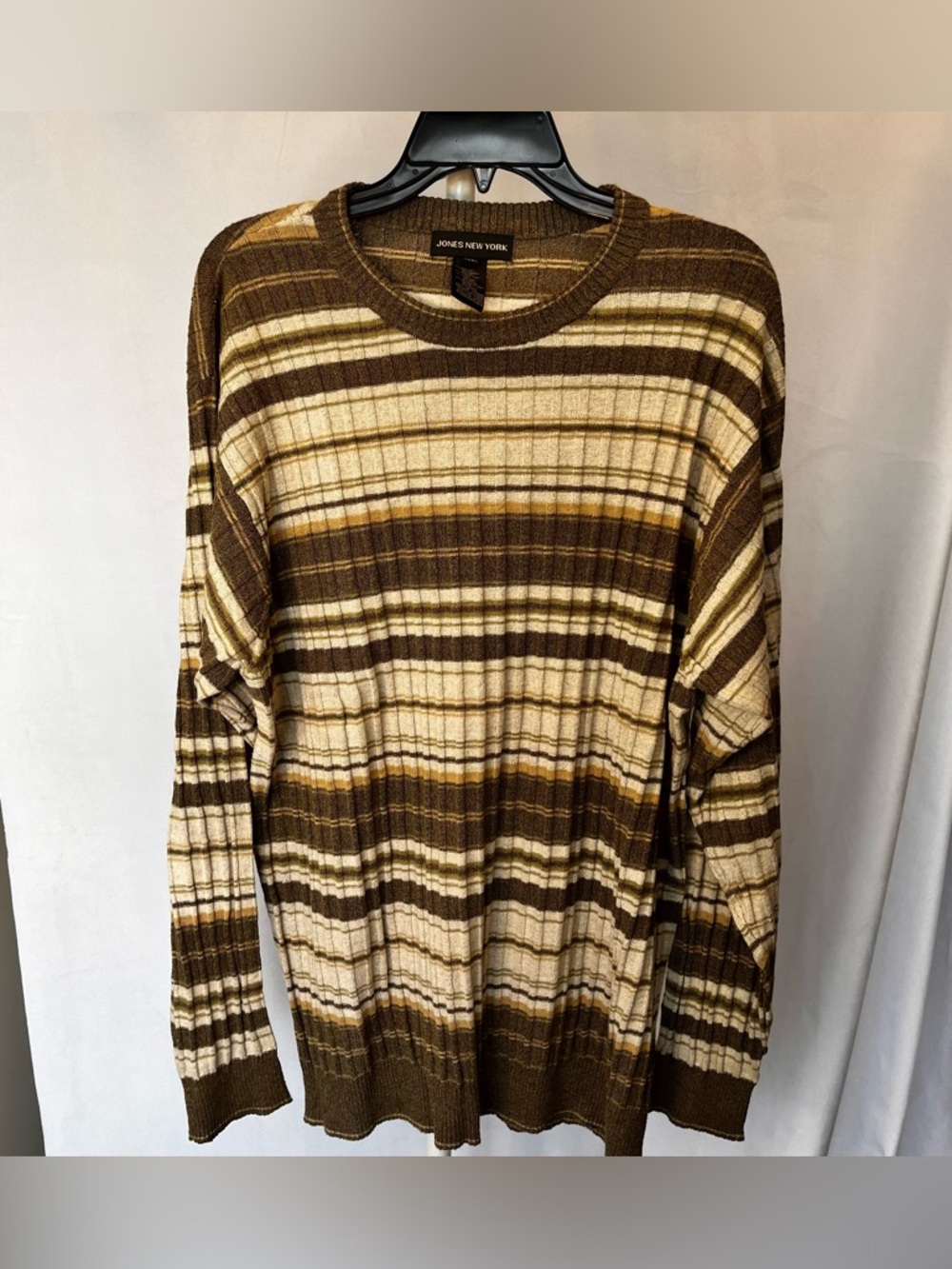 Men’s Jones New York Brown and Cream Striped Crewneck Sweater- XL